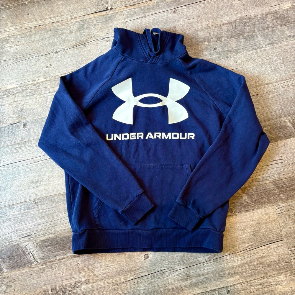 Under Armour Navy Logo Hoodie Sweatshirt Large Loose Fit